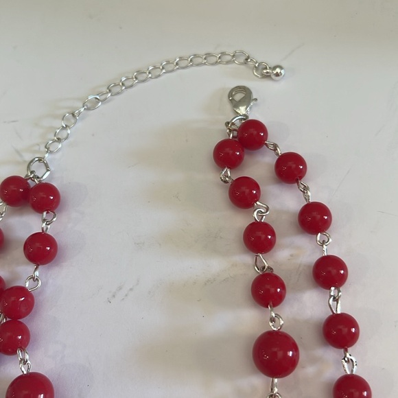 Necklace and earrings set red beads accented with silver. - Picture 2 of 3